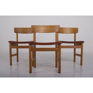 Three Oak And Leather Chairs "236" Børge Mogensen