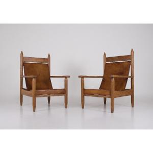 Pair Of Brutalist Armchairs In Oak And Cognac Leather