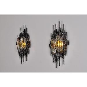 Large Pair Of Brutalist Wall Sconces In Wrought Iron And Glass