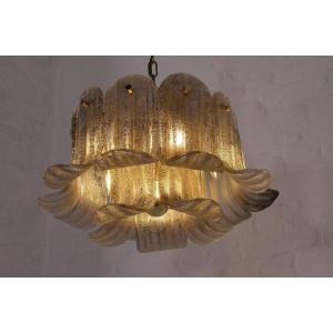 Mazzega, Pendant Light With Petals In Gold Murano Glass