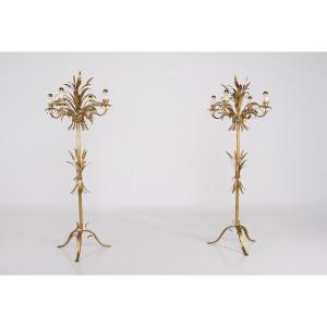 Pair Of Italian "sheaf Of Wheat" Floor Lamps In Gold-plated Metal