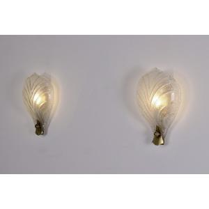Pair Of Murano Glass Leaf Sconces With Brass Frame - Italy, 1970s