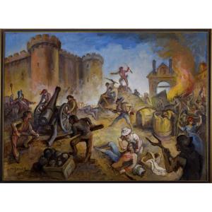 Alexis Hinsberger - La Prise De La Bastille, Oil On Canvas, 1989 (114 × 87 Cm)
