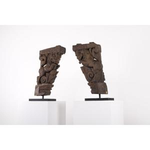 Pair Of Vyalis Carved Wood Consoles, India, Tamil Nadu
