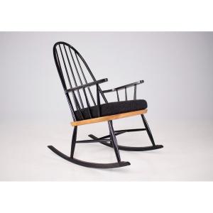 Rocking Chair, Bouclé Fabric And Lacquered Wood; 1960s