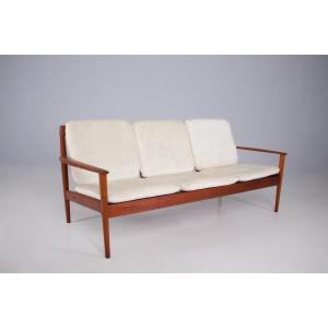 Three-seater Sofa, Fabric And Teak, Grete Jalk, Denmark, 1960s.