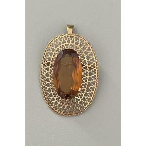 4008– Yellow Gold Orange Stone Pendant Brooch