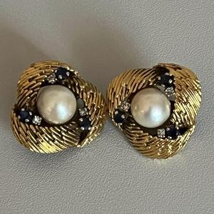 4168– Yellow Gold Sapphire Pearl Clip-on Earrings 1960s