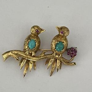 4327– Yellow Gold Turquoise Ruby Birds Brooch