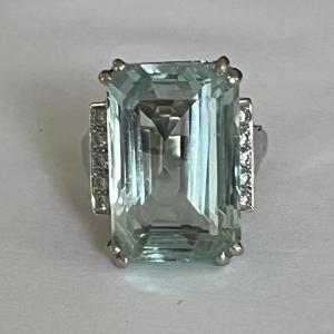 4481- Art Deco Ring Gold Gray Aquamarine Diamonds