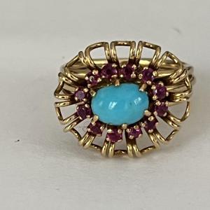 4441- Yellow Turquoise Ruby Gold Thread Ring