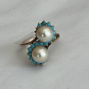 4550- Yellow Gold Cross Ring With Turqoise Beads