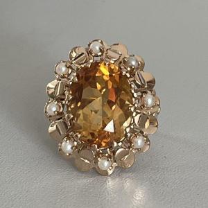 4684- 50s Yellow Gold Citrine Pearl Ring