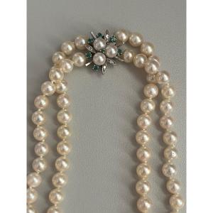 4881- Two Row Pearl Necklace Gold Clasp Emeralds Diamonds