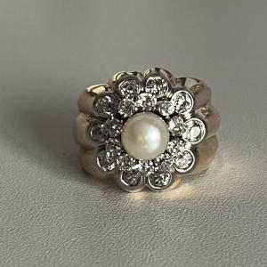 5082- Godronné Pearl Diamond Gold Ring