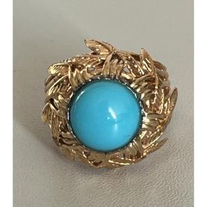 5014- 1960s Turquoise Yellow Gold Thread Ring