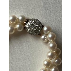 5106- 2 Rows Necklace Pearls Rose Gold Clasp Diamonds