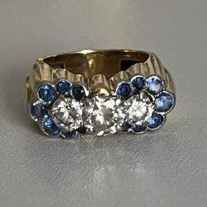 5071- Ring Yellow Gold Godronné Platinum Diamonds Sapphires