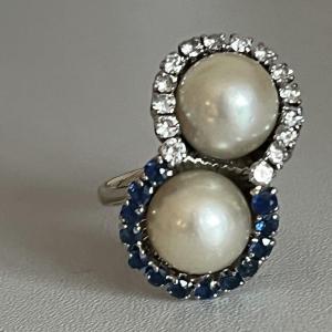 5422- Toi & Moi Ring White Gold Platinum Pearls Sapphires Diamonds