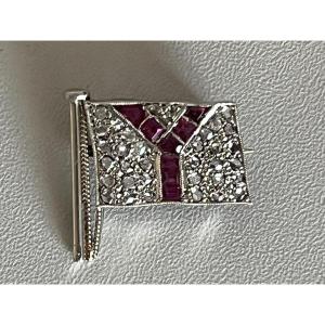 5513- Flag Brooch Gray Gold Diamonds Ruby