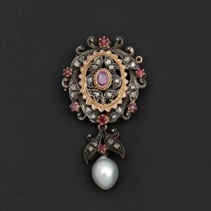 5549- Old Brooch Gold Silver Ruby Diamonds Baroque Pearl