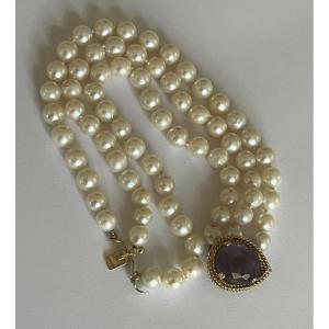 5462- Bracelet 3 Rows Pearls Yellow Gold Amethyst Clasp