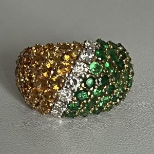 5566- Yellow Gold Tsavorites Citrines Diamonds Ball Ring