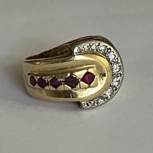 5771- Tank Ring Yellow Gold Platinum Diamonds Red Stones