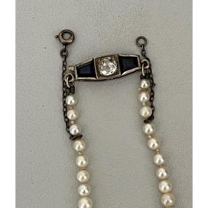 4219- Pearl Necklace Clasp Gold Gray Diamond Blue Stones