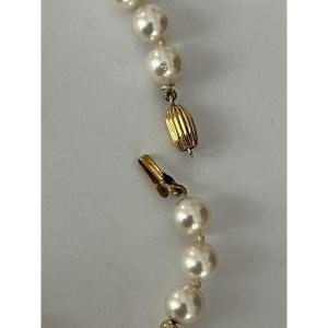 5125- Slightly Falling Pearls And Gold Balls Necklace