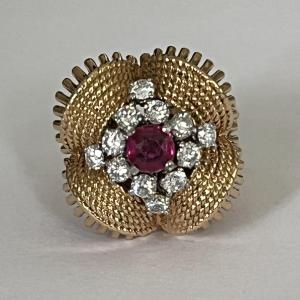 5401- Yellow Gold Twisted Ruby Diamond Dome Ring