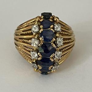 5858- Yellow Gold Thread Ring Sapphires Diamonds