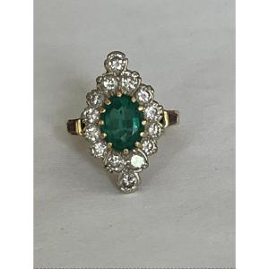 4507- Marquise Ring Yellow Gold Emerald Diamonds Ruby