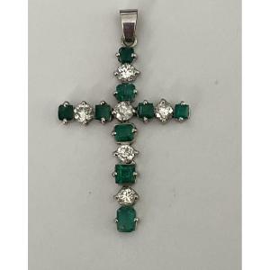 5800- White Gold Cross Pendant Emeralds Diamonds