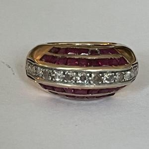 5871- Yellow Gold Domed Ring With Diamonds And Red Stones