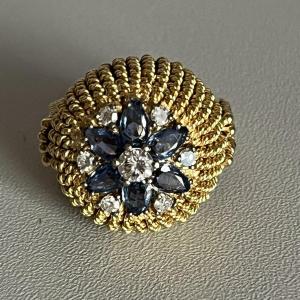 5035- Yellow Gold Thread Ball Ring Sapphires Diamonds