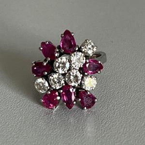 5933- Cocktail Ring In White Gold, Diamonds, Spinels And Rubies