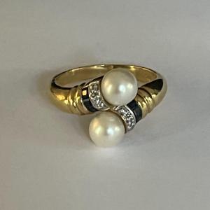5932- You & Me Ring Yellow Gold Pearls Sapphires Diamonds