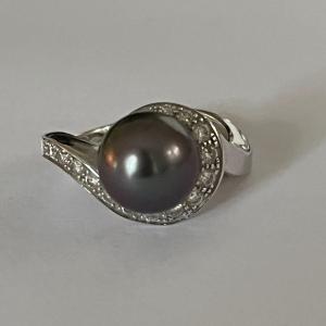 6062- Tahitian Pearl Diamonds White Gold Ring