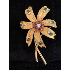 3144- Fleur Régner Paris Brooch Yellow Gold Ruby Diamonds Emeralds