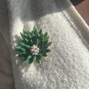5942- Akoya Pearl Clip Brooch And Green Ornamental Stones