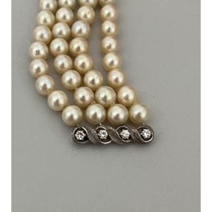 6172- 3 Row Pearl Bracelet White Gold Clasp Diamonds