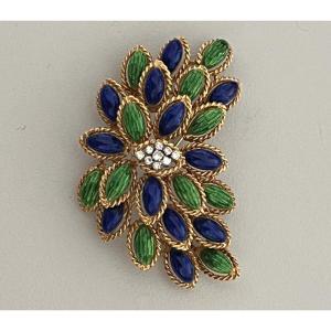 6246- Yellow Gold Leaf Pendant Brooch Yellow Gold Diamonds Green And Blue Enamel