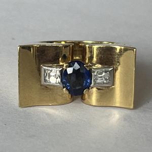 6249- Tank Ring Yellow Gold Sapphire Diamonds