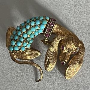 6267- Yellow Gold Turquoise Ruby Dachshund Dog Brooch