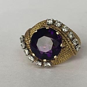 6237- Yellow Gold Ball Ring Amethyst Diamonds 1950s