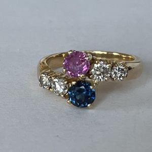 6292- You & Me Ring Yellow Gold Sapphire Ruby Diamonds