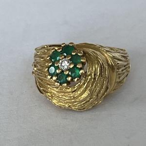 6327- Yellow Gold Tourbillon Ring Hammered Chrysoprases