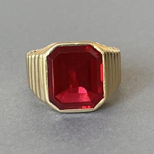 6347- Yellow Gold Synthetic Ruby Signet Ring