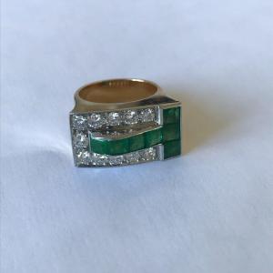 1057- Tank Ring Yellow Gold Platinum Emeralds Diamonds